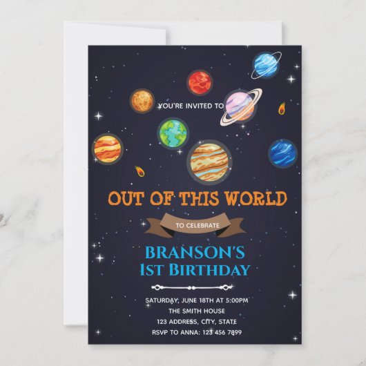 惑星と宇宙銀河の誕生日テーマ 招待状 (正面)