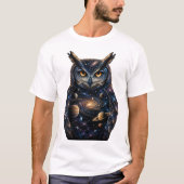 "惑星と星が輝くコズミックギャラクシー風ハンガリー梟 Tシャツ (正面)