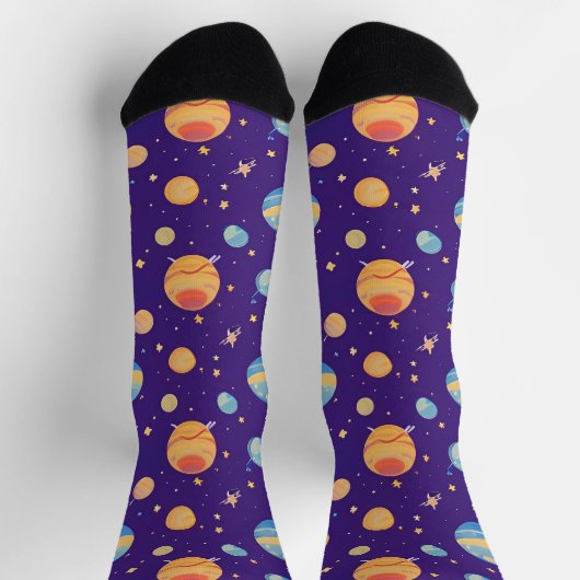 惑星と星のカラフルな宇宙パターン ソックス (上部)