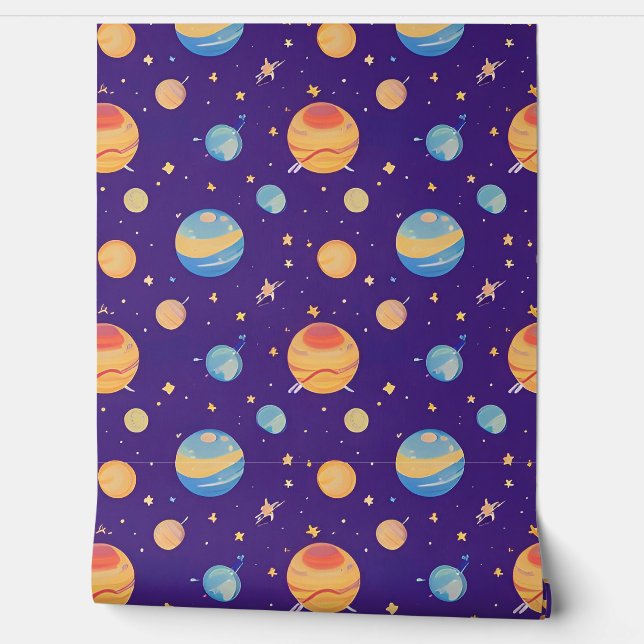 惑星と星のカラフルな宇宙パターン 壁紙 (ほどく)