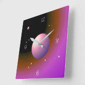 惑星と神秘的なピンクの月>ウォールクロック スクエア壁時計 (傾斜)
