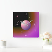 惑星と神秘的なピンクの月>ウォールクロック スクエア壁時計 (ホーム)