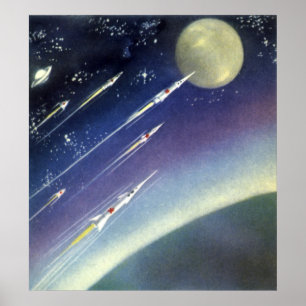 惑星による宇宙のヴィンテージの空想科学小説ロケット ポスター
