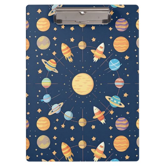 惑星のあるカラフルな宇宙風パターン クリップボード (正面)