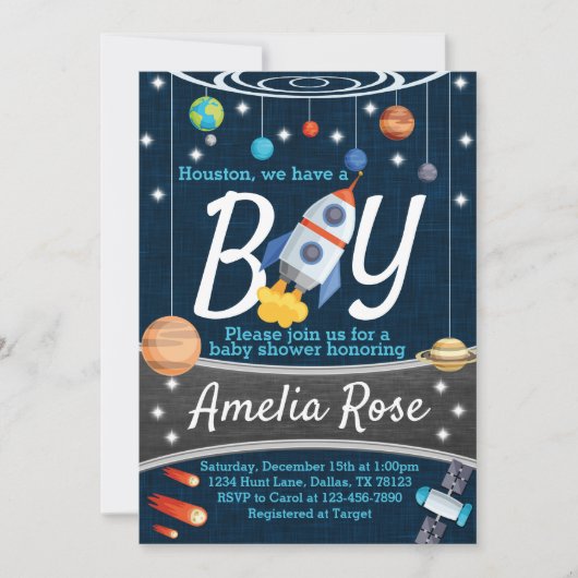 惑星の宇宙のベビーシャワーの招待状の男の子 招待状 (正面)