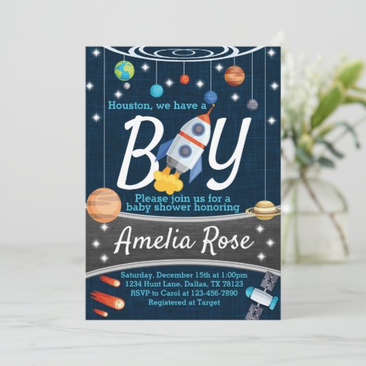 惑星の宇宙のベビーシャワーの招待状の男の子 招待状 (スタンド正面)