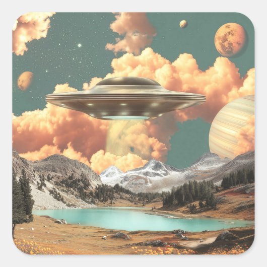 惑星を持つ湖の上の超現実的なUFO スクエアシール (正面)