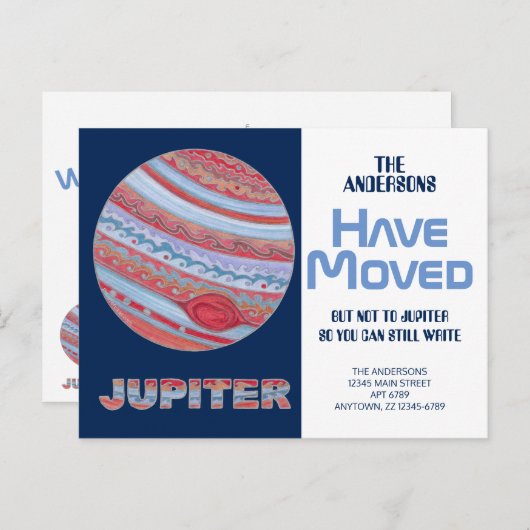 惑星カラフル木星おもしろいが新しい住所を移動 案内ポストカード (正面/裏面)