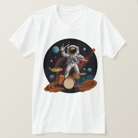 惑星ドラムでドラムセットを演奏するドラマー Tシャツ (デザイン正面)