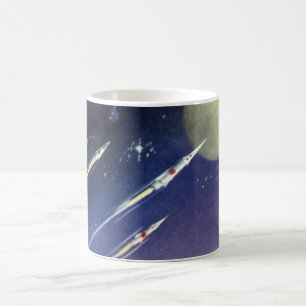 惑星上の宇宙空間を飛行するヴィンテージ サイエンス フィクション ロケット コーヒーマグカップ