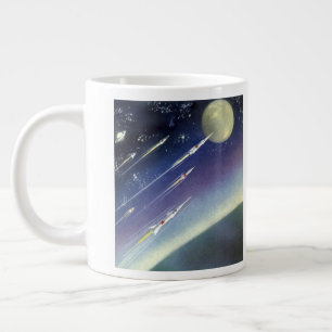 惑星上の宇宙空間を飛行するヴィンテージ サイエンス フィクション ロケット ジャンボコーヒーマグカップ