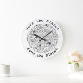 惑星救地球動物と木のラインスケッチアート ラージ壁時計 (ホーム)