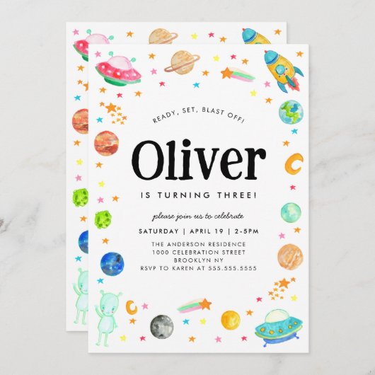 惑星銀河系宇宙船エイリアン宇宙誕生日 招待状 (正面/裏面)