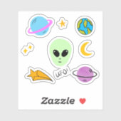 惑星、UFO、星を持つかわいいエイリアンの頭 シール (シート)