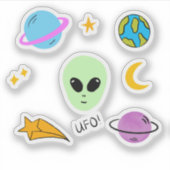 惑星、UFO、星を持つかわいいエイリアンの頭 シール (正面)