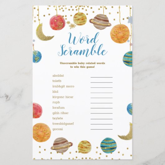 惑星Outer Spaceベビーシャワーワードスクランブル (正面)