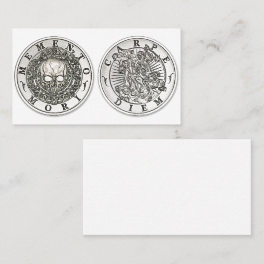 想い出の品のMori Carpe Diemの銀製の円形 名刺 (正面/裏面)