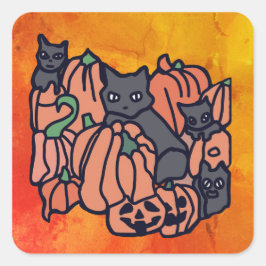 意図的幽霊のよく出るに：ハロウィーンの猫とカボチャ スクエアシール