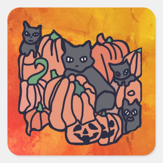 意図的幽霊のよく出るに：ハロウィーンの猫とカボチャ スクエアシール (正面)