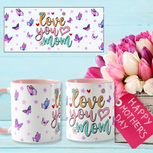愛あなたママレタリング色鮮やかな蝶 マグカップ