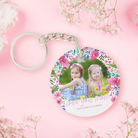 愛あなたママ子供たち写真水彩フローラ キーホルダー