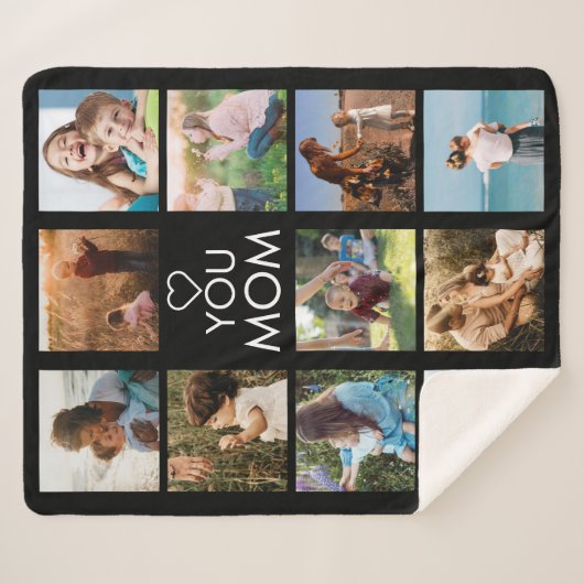 愛あなたママ家族フォトコラージブラック シェルパブランケット (正面(横))