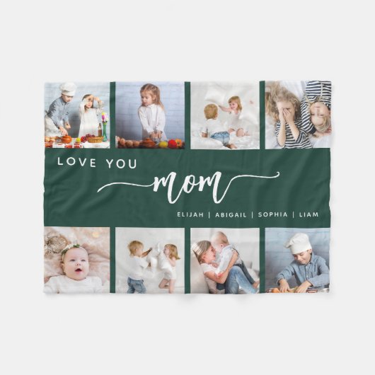 愛あなたママ8写真コラージエメラルドグリーン フリースブランケット (正面(横))