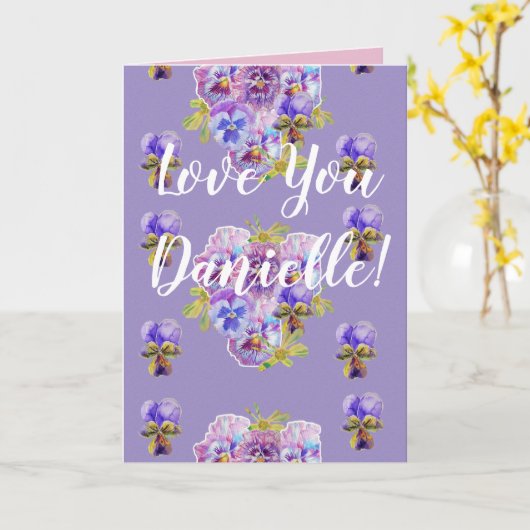 愛あなた妻の名前パープルパンジーみすぼらしいシックなカード カード (黄色い花)