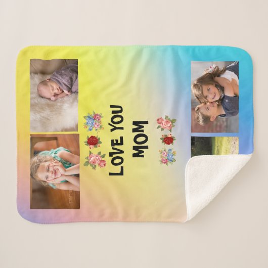 愛あなた、ママバラピンクの黄色の青と4枚の写真 シェルパブランケット (正面(横))
