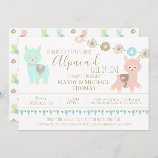 愛あふれるアルパカの赤ちゃん男女兼用シャワー 招待状 (正面/裏面)