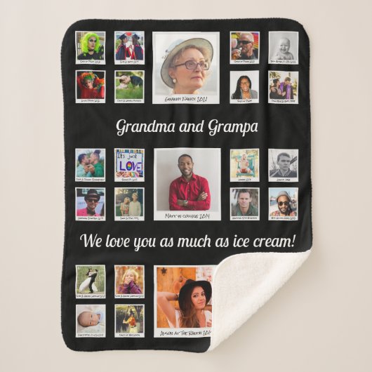 愛おばあちゃんとおじいちゃん家族フォトコラージュ シェルパブランケット (正面)