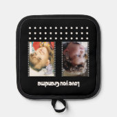 愛おばあちゃん2枚フォト水玉模様ブラック 鍋敷き (正面)