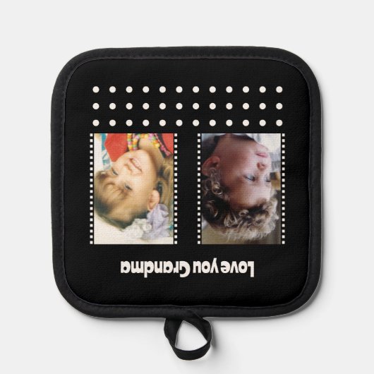 愛おばあちゃん2枚フォト水玉模様ブラック 鍋敷き (正面)