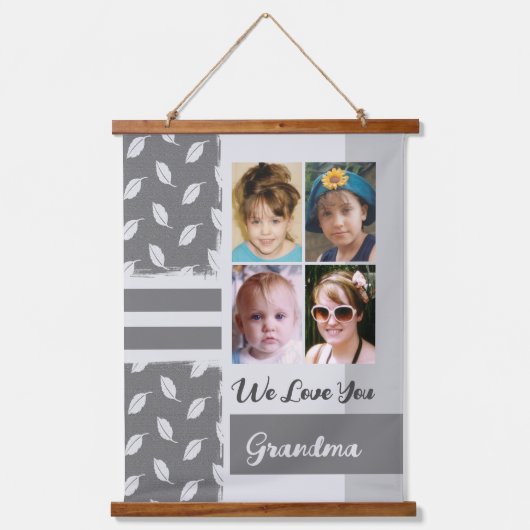 愛おばあちゃん4枚フォトリーフパターングレー 吊り下げ型タペストリー (正面)