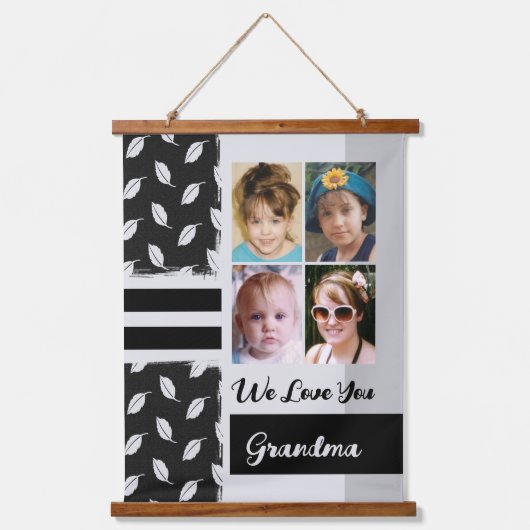 愛おばあちゃん4枚フォトリーフパターンブラック 吊り下げ型タペストリー (正面)