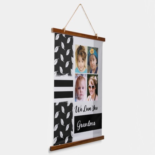 愛おばあちゃん4枚フォトリーフパターンブラック 吊り下げ型タペストリー (傾斜あり)