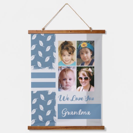 愛おばあちゃん4枚フォトリーフパターンブルー 吊り下げ型タペストリー (正面)