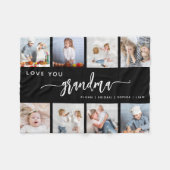 愛おばあちゃん8フォトコラージブラック フリースブランケット (正面(横))