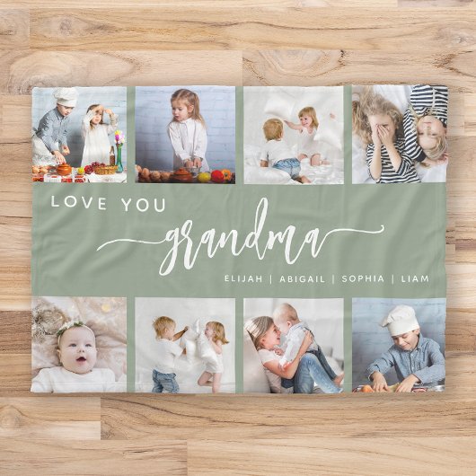 愛おばあちゃん8フォトコラージュセージグリーン フリースブランケット