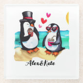 愛おもしろいする動物のペンギン・カップル ガラスコースター (正面)