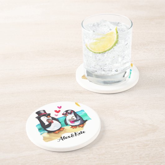愛おもしろいする動物のペンギン・カップル コースター (側面)