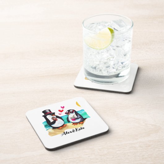 愛おもしろいする動物のペンギン・カップル コースター (右側)