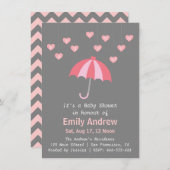 愛および傘が付いているピンクおよび灰色のベビーシャワー 招待状 (正面/裏面)