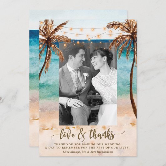 愛および感謝の写真は熱帯結婚式を浜に引き上げます サンキューカード (正面/裏面)