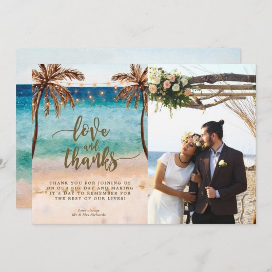 愛および感謝の写真カードは熱帯を浜に引き上げます サンキューカード (正面/裏面)