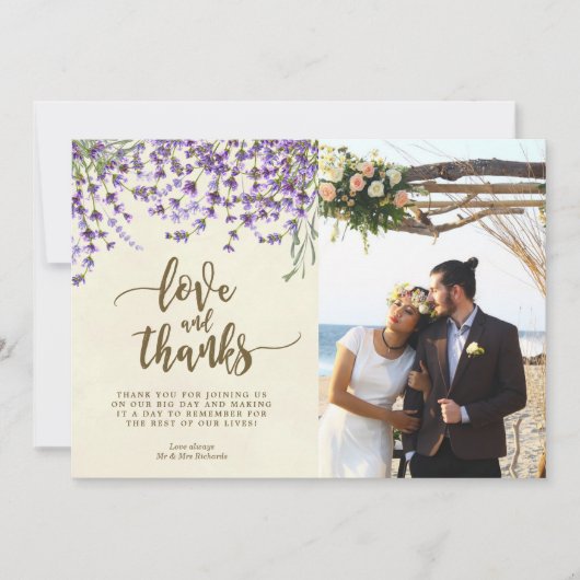 愛および感謝の写真カードラベンダーの花 サンキューカード (正面)