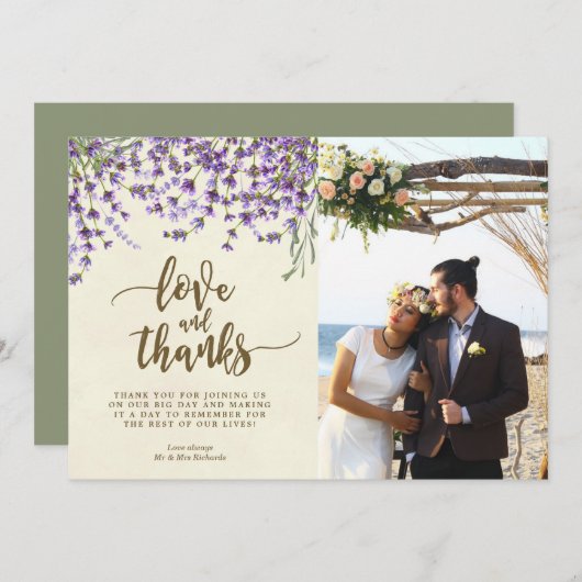愛および感謝の写真カードラベンダーの花 サンキューカード (正面/裏面)