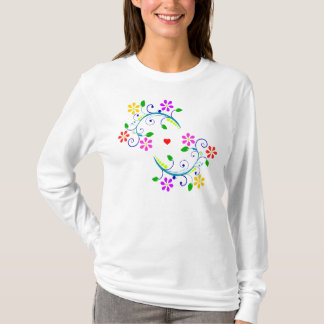 愛および虹色の花の白の上 Tシャツ
