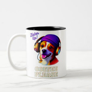 愛かわいい子犬のヘッドフォン"アップ聞!コーヒーをお願い」 ツートーンマグカップ