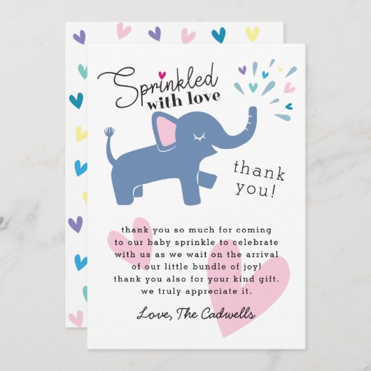 愛かわいい象のベビーと振りかけられて振りかけて下さい サンキューカード (正面/裏面)